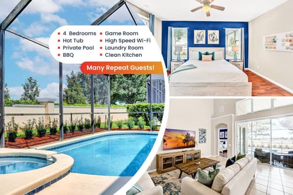 Private Pool/Hot Tub, Near Disney, 4 BR, King Beds